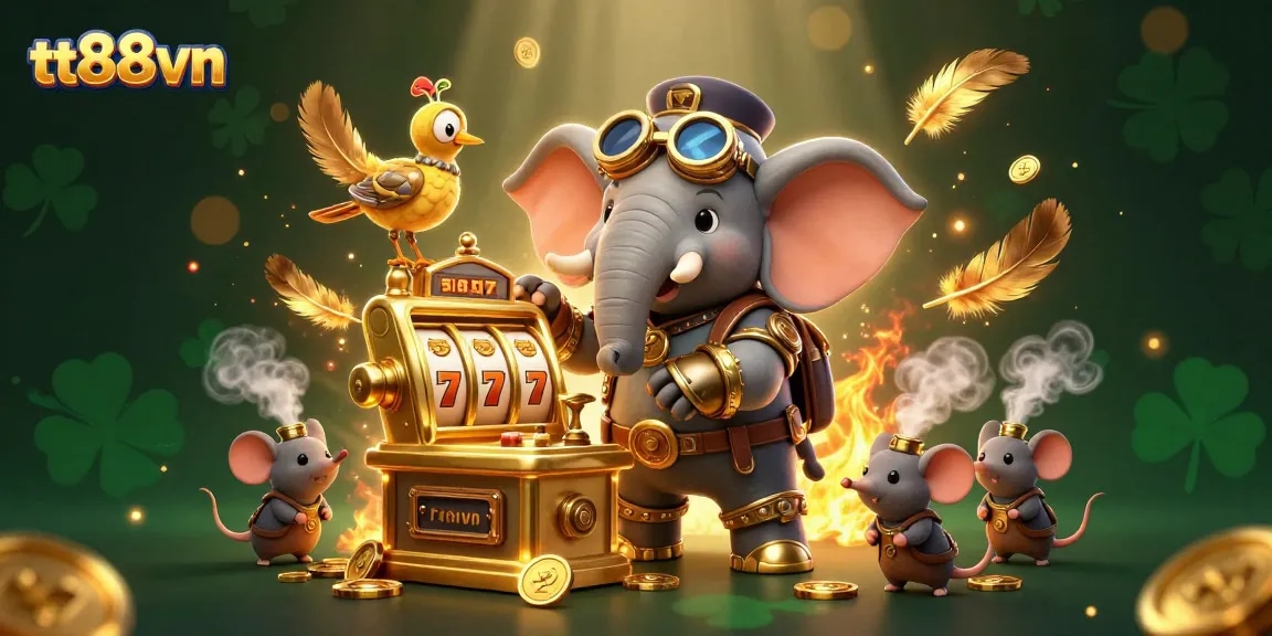 Experience thrilling slots at tt88vn with a steampunk elephant engineer and golden machines.