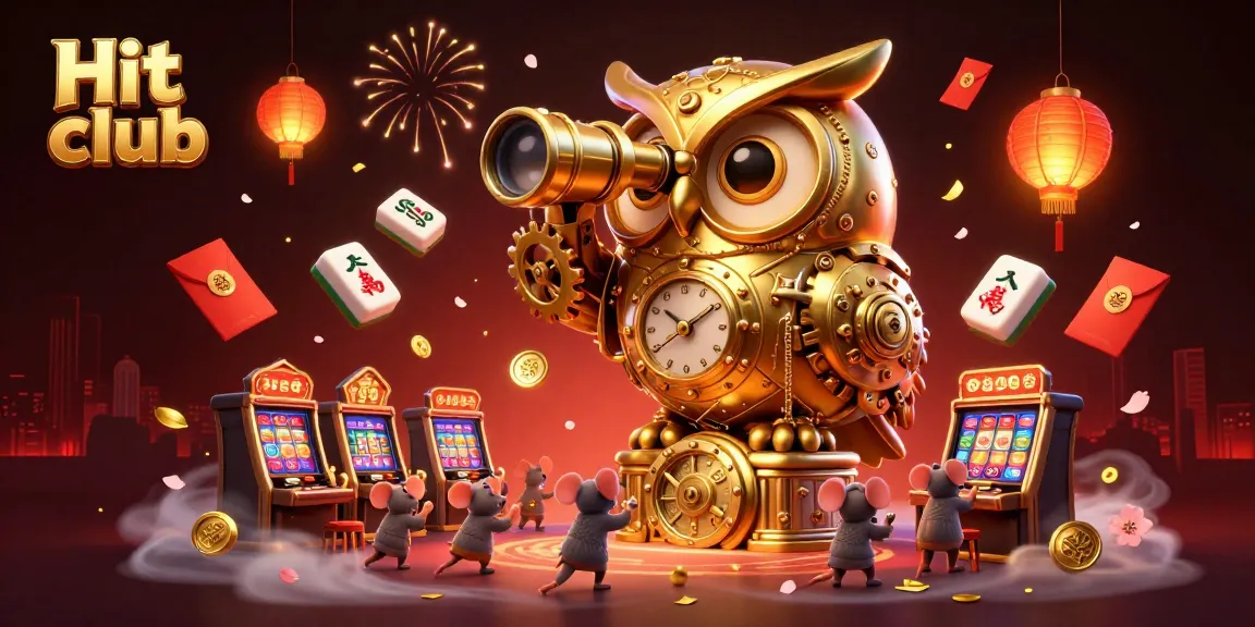 Engage with Hit club's immersive casino experience through a scene with a golden owl and playful mice amidst vibrant gaming elements.