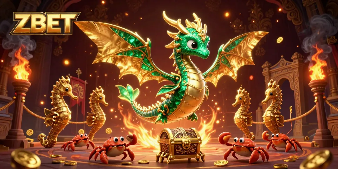 ZBET enhances your gambling adventure with a majestic emerald dragon and treasure, surrounded by dynamic casino elements.
