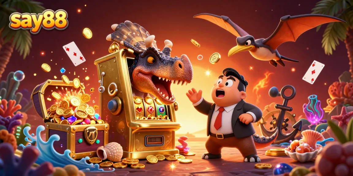 Experience the thrill with say88 as a pachycephalosaurus wins jackpot coins in a vibrant casino scene.