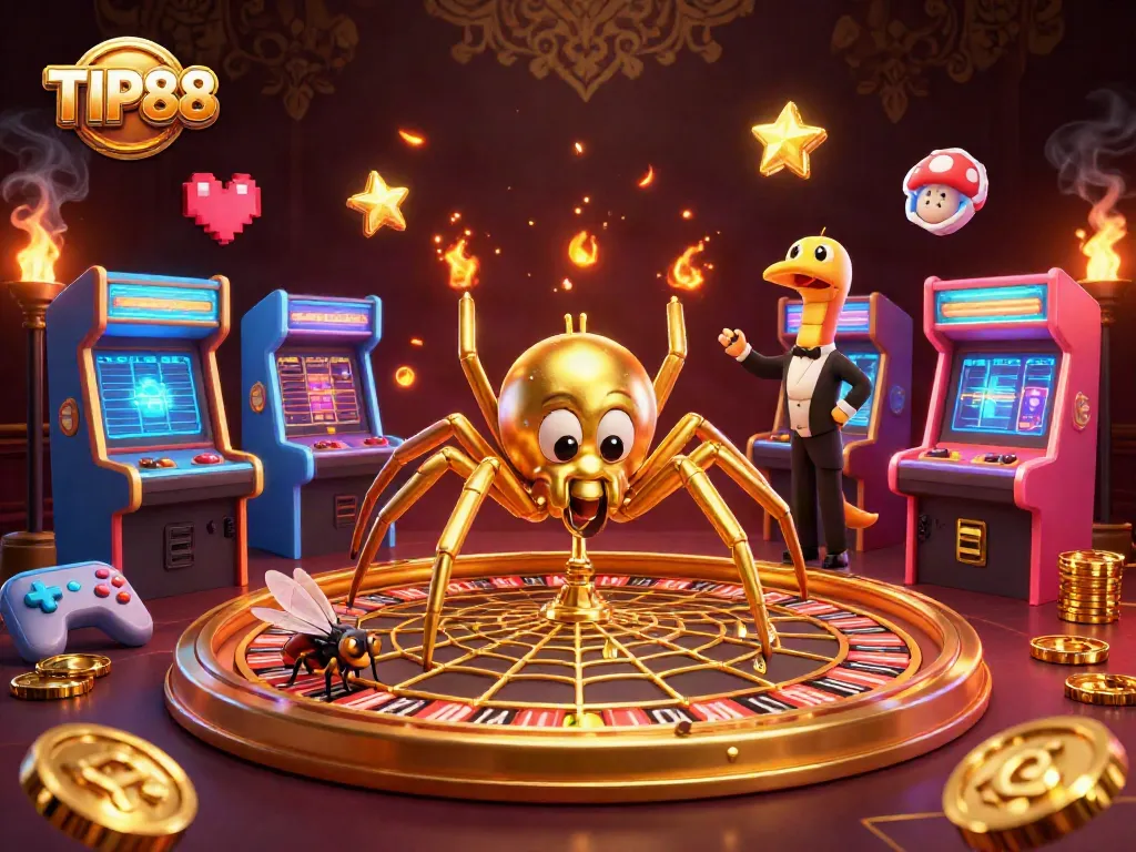 Experience the excitement of TIP88 as a fly bets at a roulette wheel, surrounded by animated casino elements.