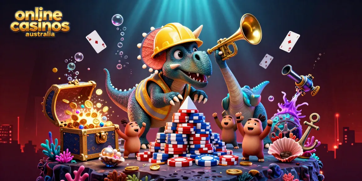 Experience excitement at online casinos australia with vibrant characters building poker chip pyramids underwater.