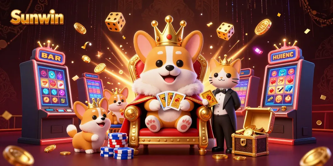 Experience the thrill of Sunwin with a royal corgi surrounded by casino jackpots and dynamic gaming elements.