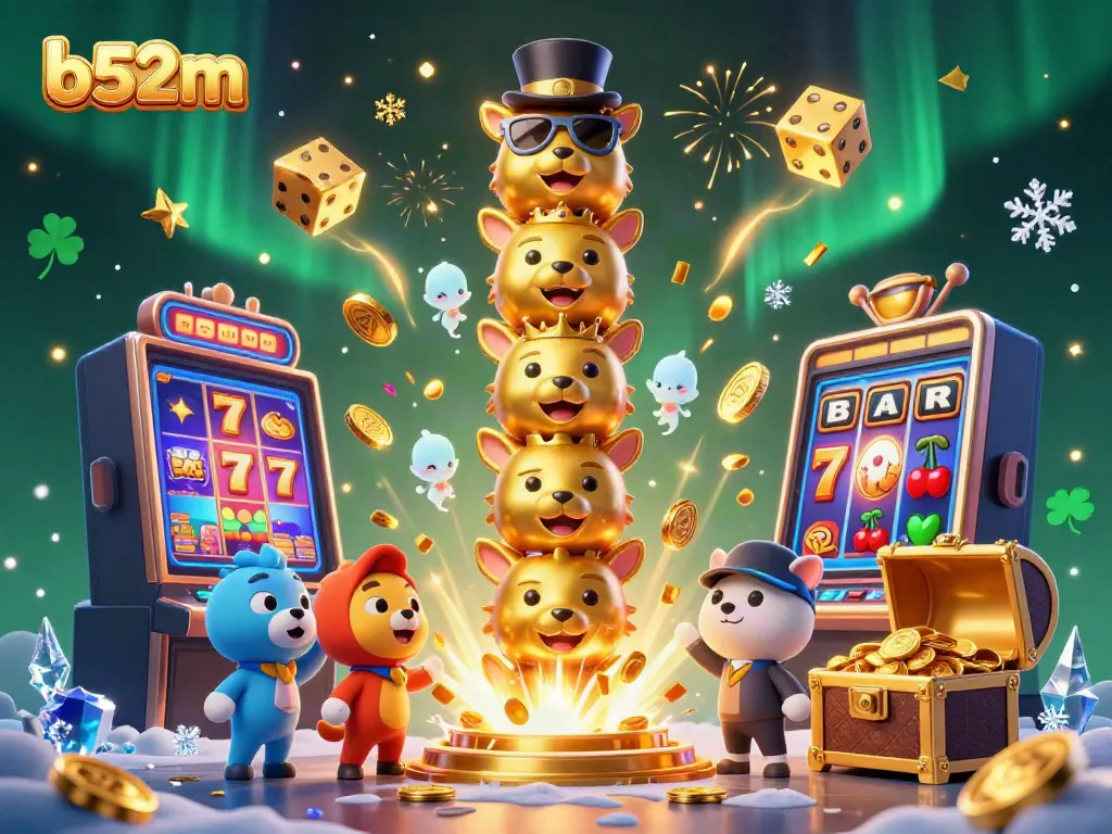 Experience the vibrant world of b52m with a dynamic 3D casino scene showcasing a golden totem pole and jackpot elements.