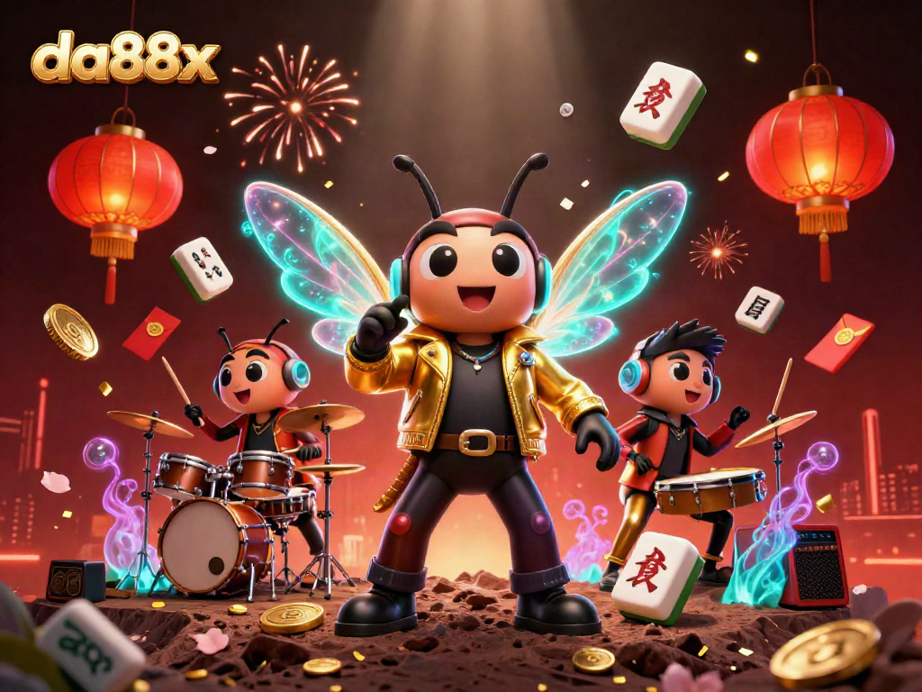 Experience the vibrancy of da88x with a dynamic cartoon scene of a rock star insect band in a casino environment.