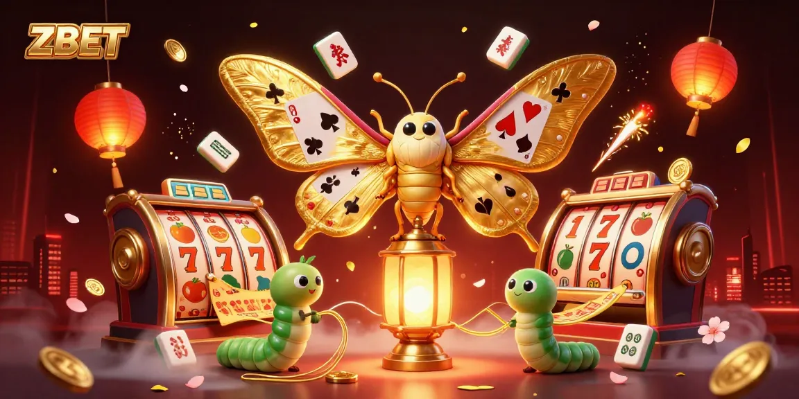 ZBET casino scene with an atlas moth, lanterns, and dynamic slot elements showcasing the best in online gaming.