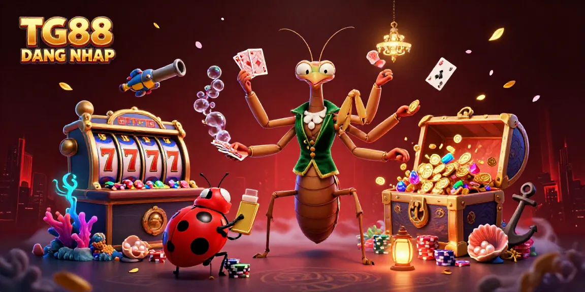 Engaging TG88 DANG NHAP scene showcasing a cartoon mantis dealer with vibrant slot reels and winning treasures