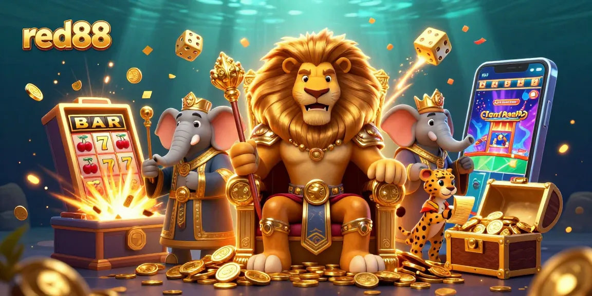 Experience the excitement of red88 with a dynamic casino scene featuring a lion king, elephant advisor, and cheetah messenger.