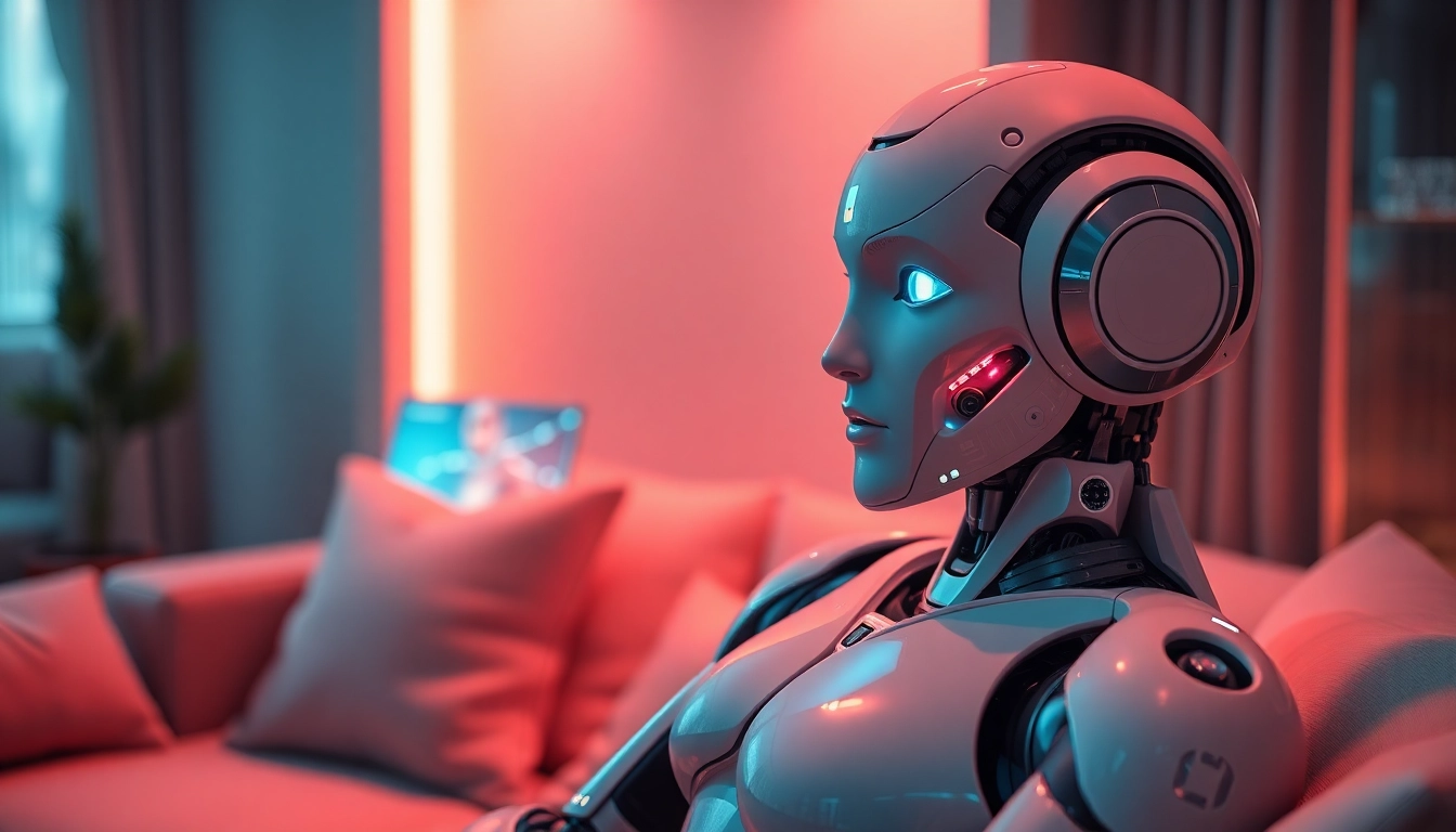 Advanced AI sex bot in a cozy, intimate setting with futuristic elements.