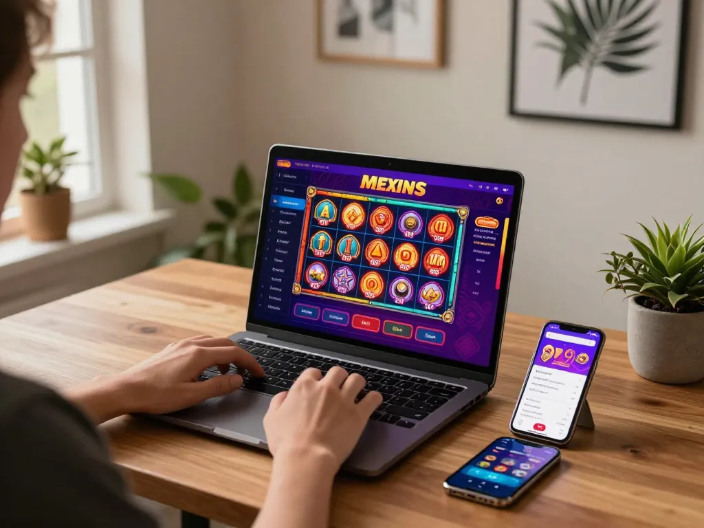 Engaged player exploring me99's vibrant online casino games on a stylish laptop setup.