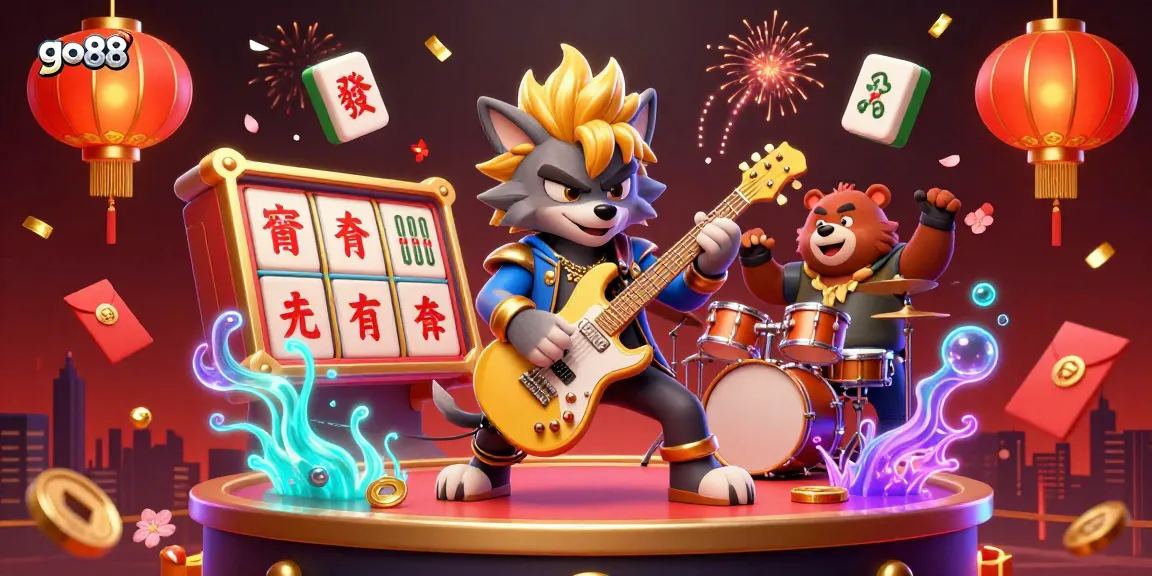 Experience excitement at go88 with a wolf rock star and drummer bear on stage amid vibrant casino elements.