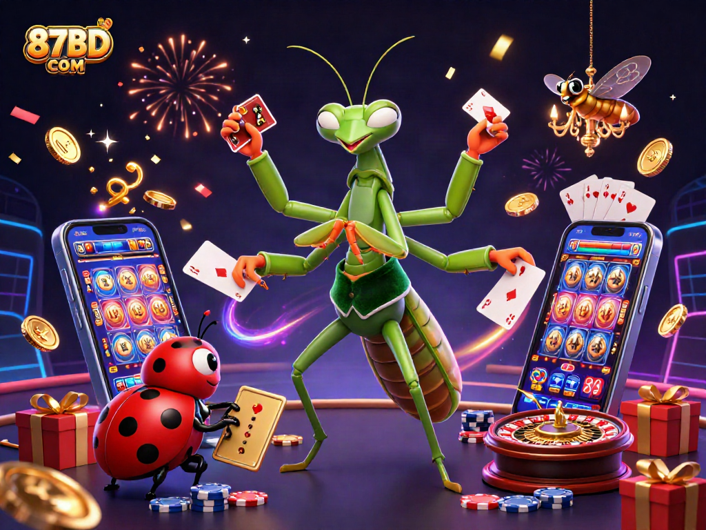 Engage with 87BD COM at this lively casino scene filled with games, cards, and vibrant celebrations.