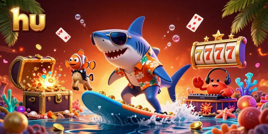 Engage in hu casino fun with lively cartoon marine characters celebrating with gold and gems.