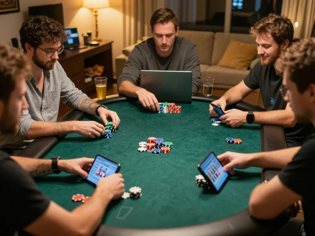 Players at home engaging in intense online poker games with sc88 chips on the table, emphasizing strategy