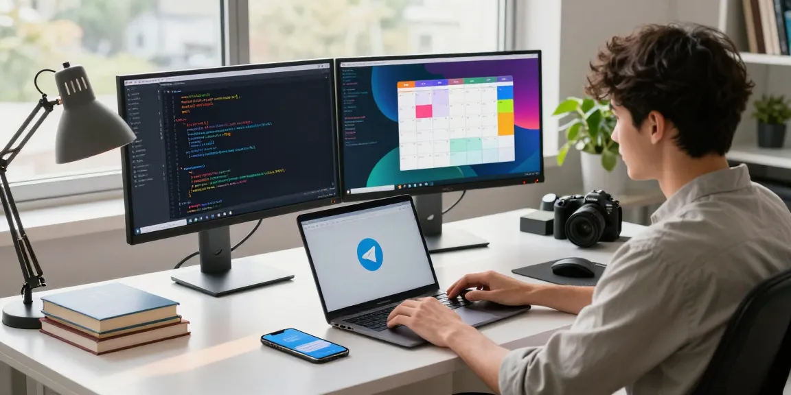 Download Telegram on a modern workspace with dual monitors showcasing the app interface and a vibrant office setting.