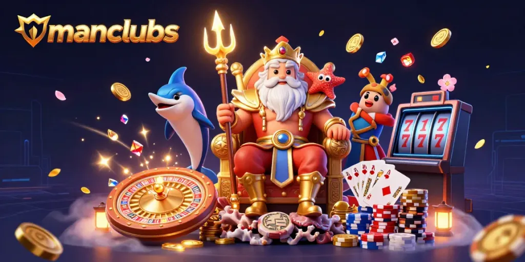 Experience gaming thrills at manclubs with an engaging illustration of Neptune and vibrant casino elements.