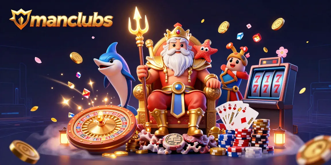 Experience gaming thrills at manclubs with an engaging illustration of Neptune and vibrant casino elements.
