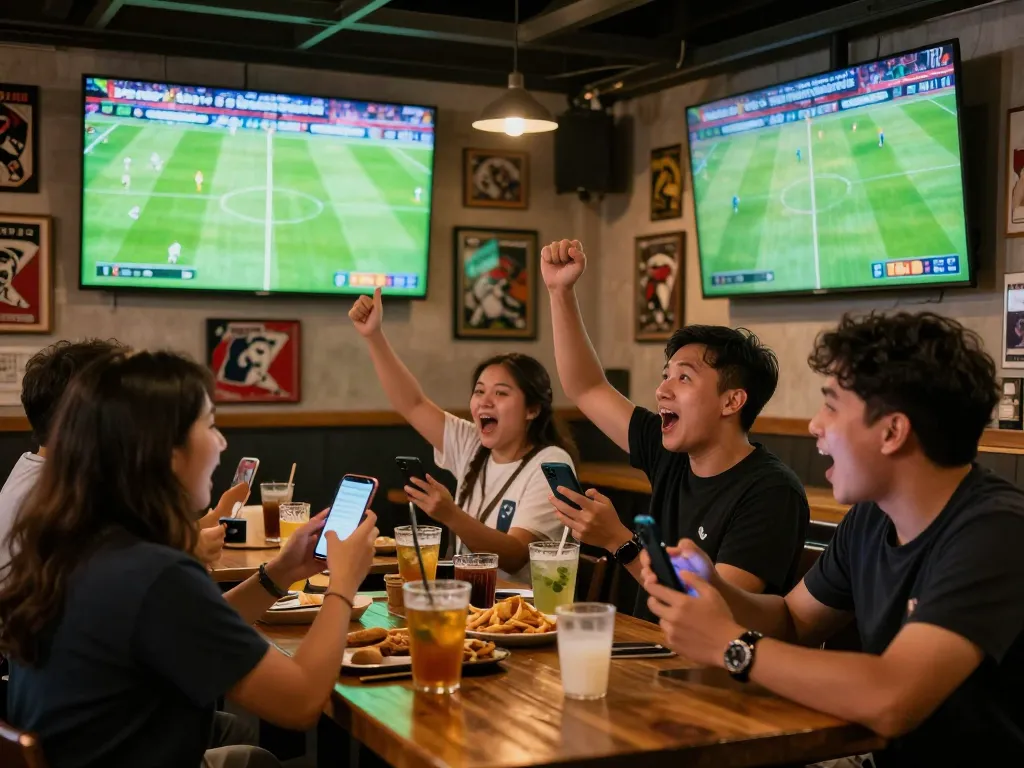 xem trực tiếp bóng đá hôm nay with fans enjoying live football and placing bets in a vibrant outdoor sports bar.
