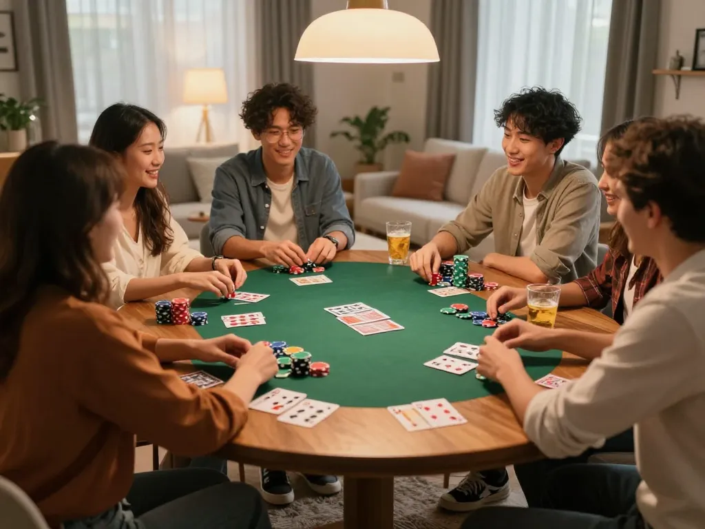 Poker night with friends showcasing lively competition and strategy using 11bet gaming tips.