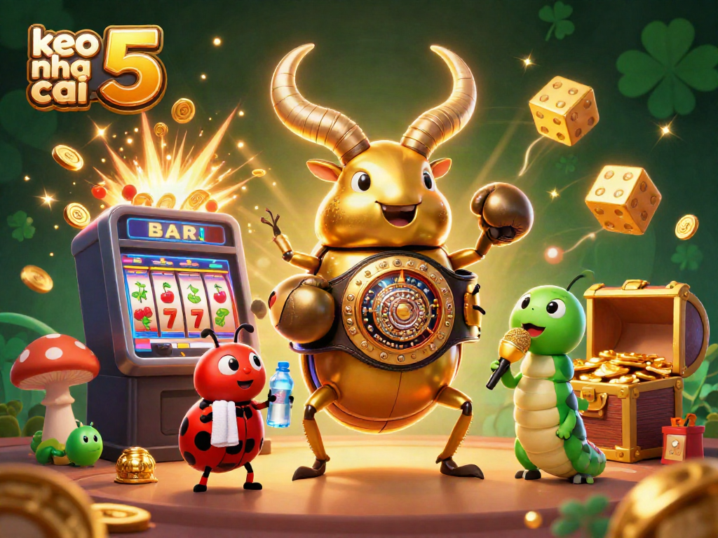 Engage with keo nha cai 5's lively 3D scene featuring a charismatic golden stag beetle champion and vibrant casino elements.