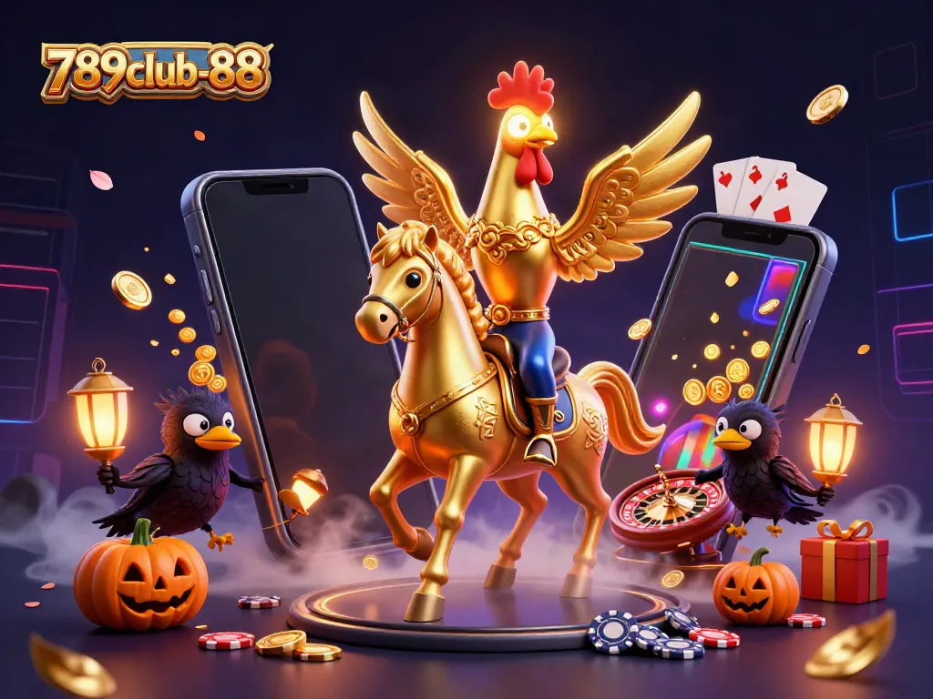 Experience thrilling gaming action with 789club-88 as a golden rooster and spectral horse illuminate the casino.