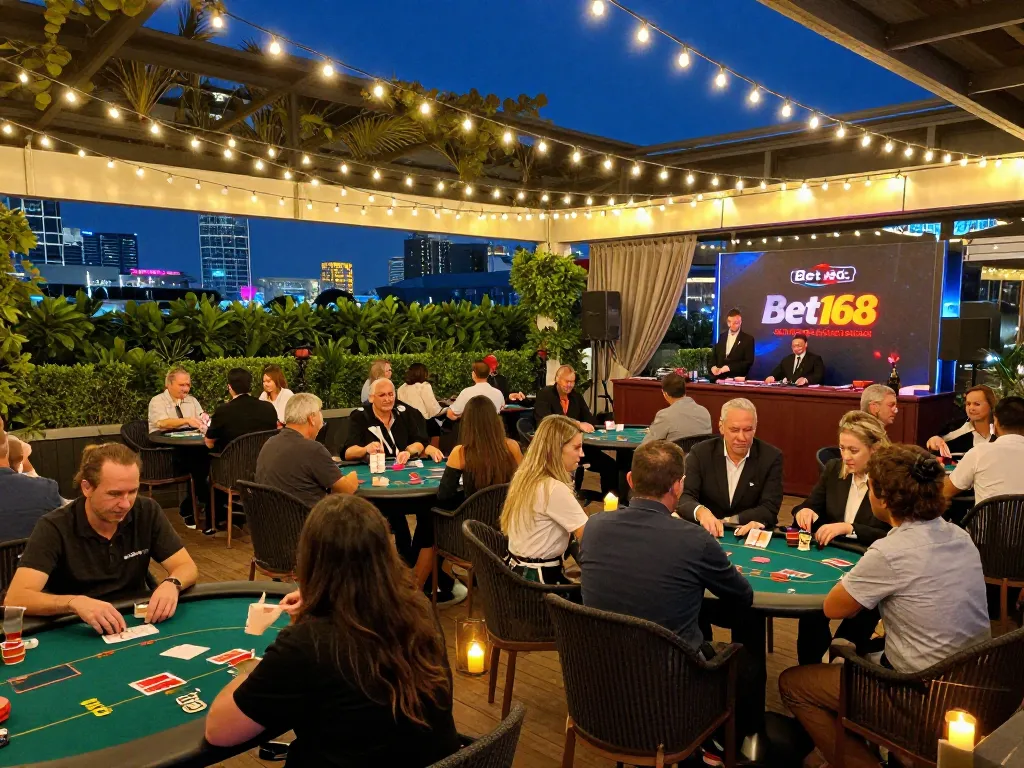 Enjoying a game at Bet168's luxurious casino terrace with vibrant ambiance and engaging dealers.