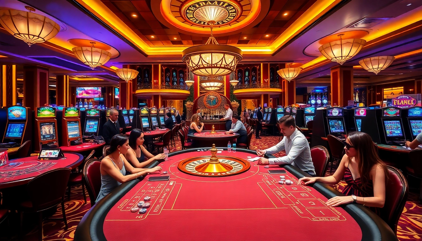 Gamblers enjoying a thrilling game at c168bet casino with luxurious decor and vibrant atmosphere.