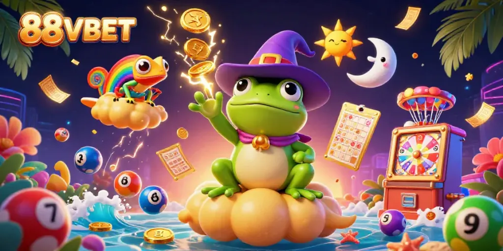 Experience excitement with 88VBET as cartoon characters create a storm of coins and vibrant lottery elements