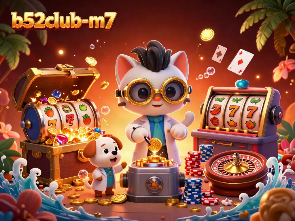 Join the fun at b52club-m7 with this lively casino-themed 3D illustration featuring cartoon characters and slot machines.