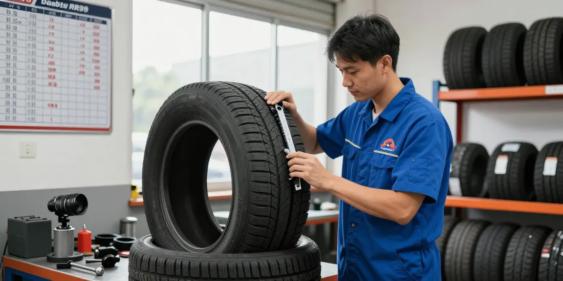 Mechanic inspecting Double Coin RR99 tires in a professional workshop, showcasing quality automotive service.