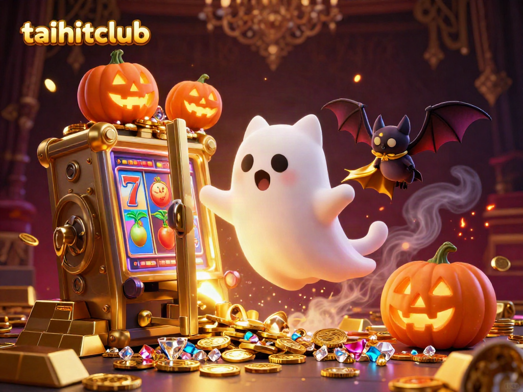 Experience the vibrant energy of taihitclub as a friendly ghost cat floats through a colorful online casino.