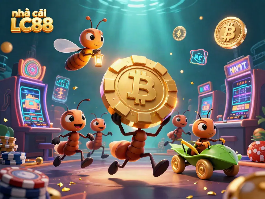 Engage with the thrilling scenes at nhà cái LC88 featuring a playful heist by cartoon ants and exciting casino elements.