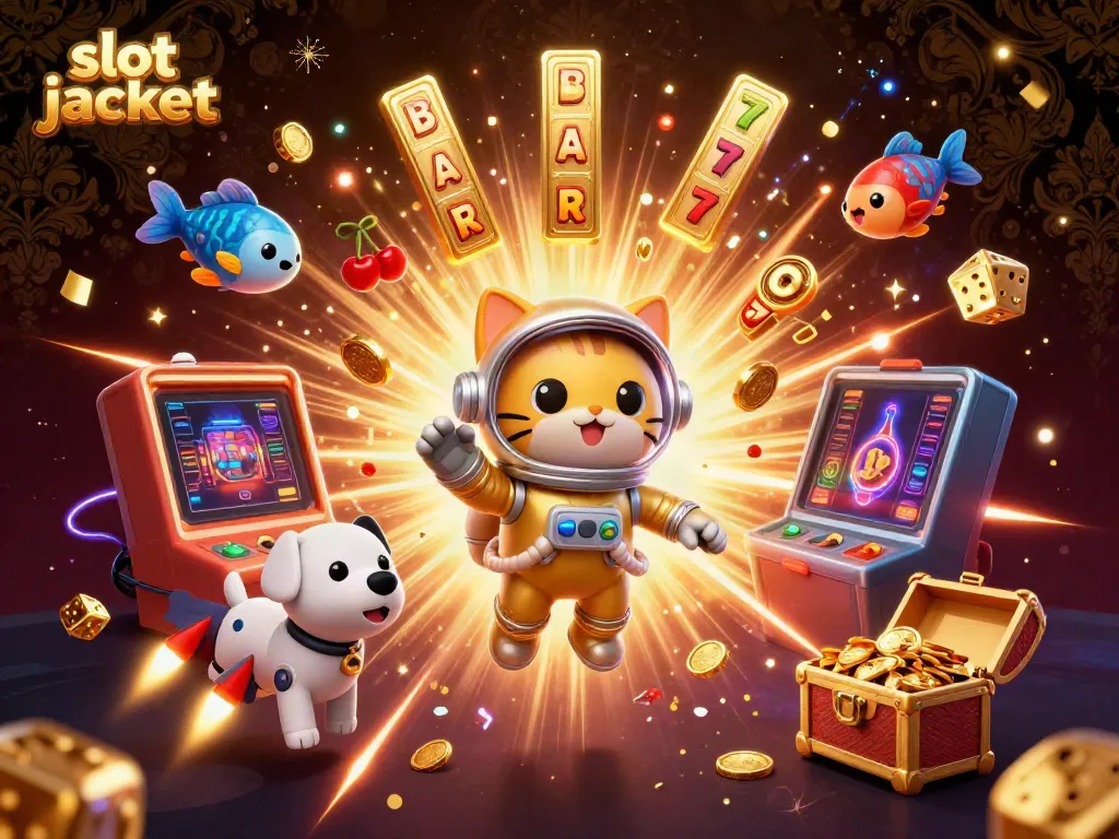 Cat and robot dog celebrate a slot jackpot win amidst a cosmic backdrop of colorful gaming elements.