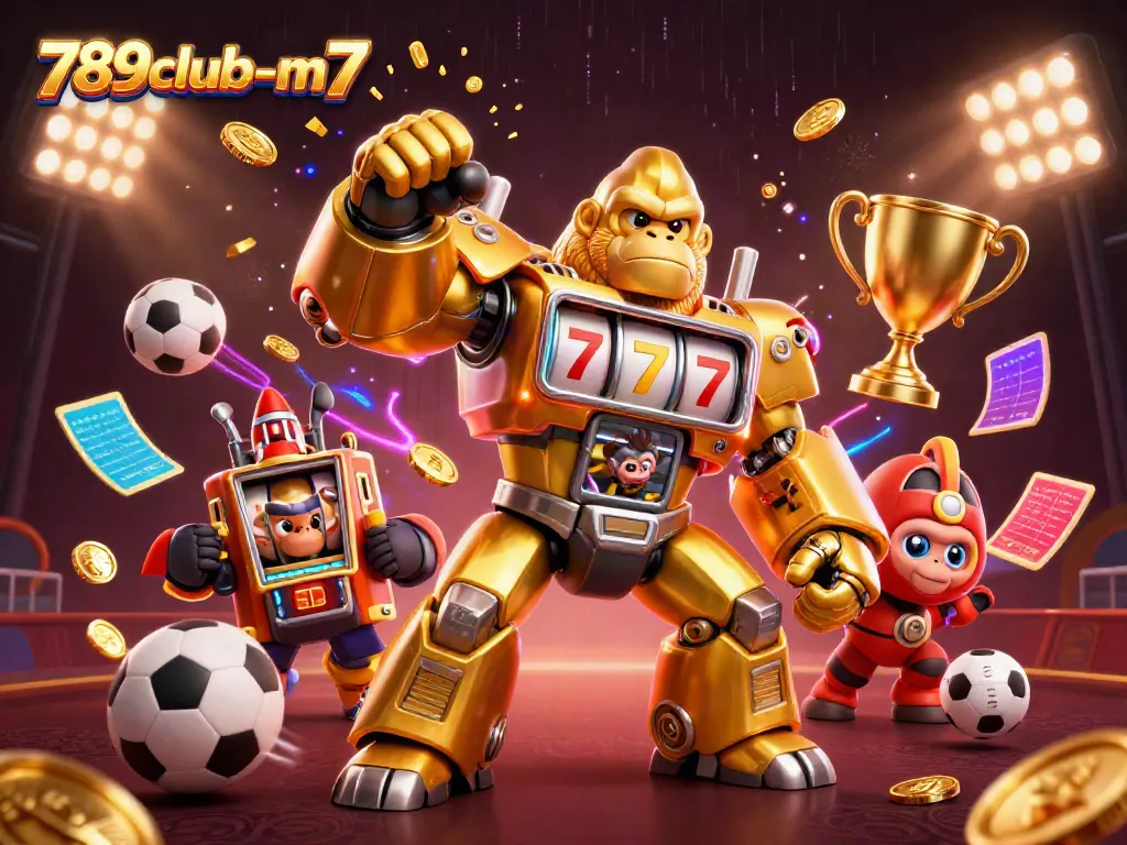 Experience the excitement of 789club-m7 with a dynamic golden gorilla mech victorious in a casino arena.
