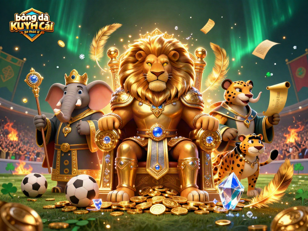 Engage in bóng đá trực tuyến kèo nhà cái with a dynamic scene featuring fierce lion king, wise elephant, and quick cheetah amid vibrant gambling elements.
