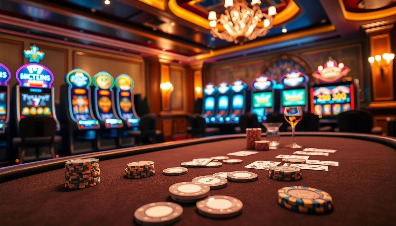 Experience thrilling gameplay at kp88.bio with a luxurious casino setting filled with poker tables.