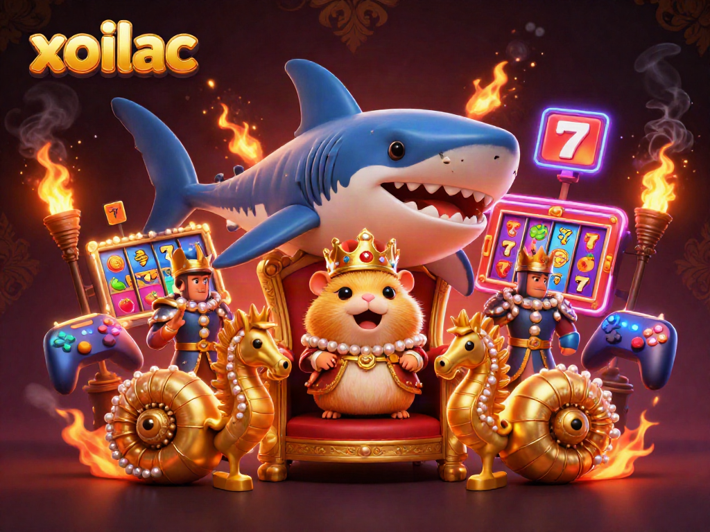 Xoilac slots scene with a hamster king on a shark throne and vibrant casino elements