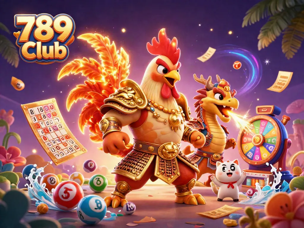 Engaging visual of 789 Club featuring a dynamic cartoon rooster warrior and lively game elements.
