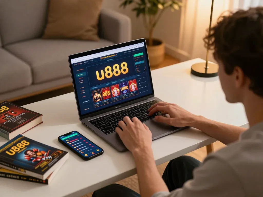 Person engaging in online gambling at u888 with laptop and smartphone in a cozy setup.
