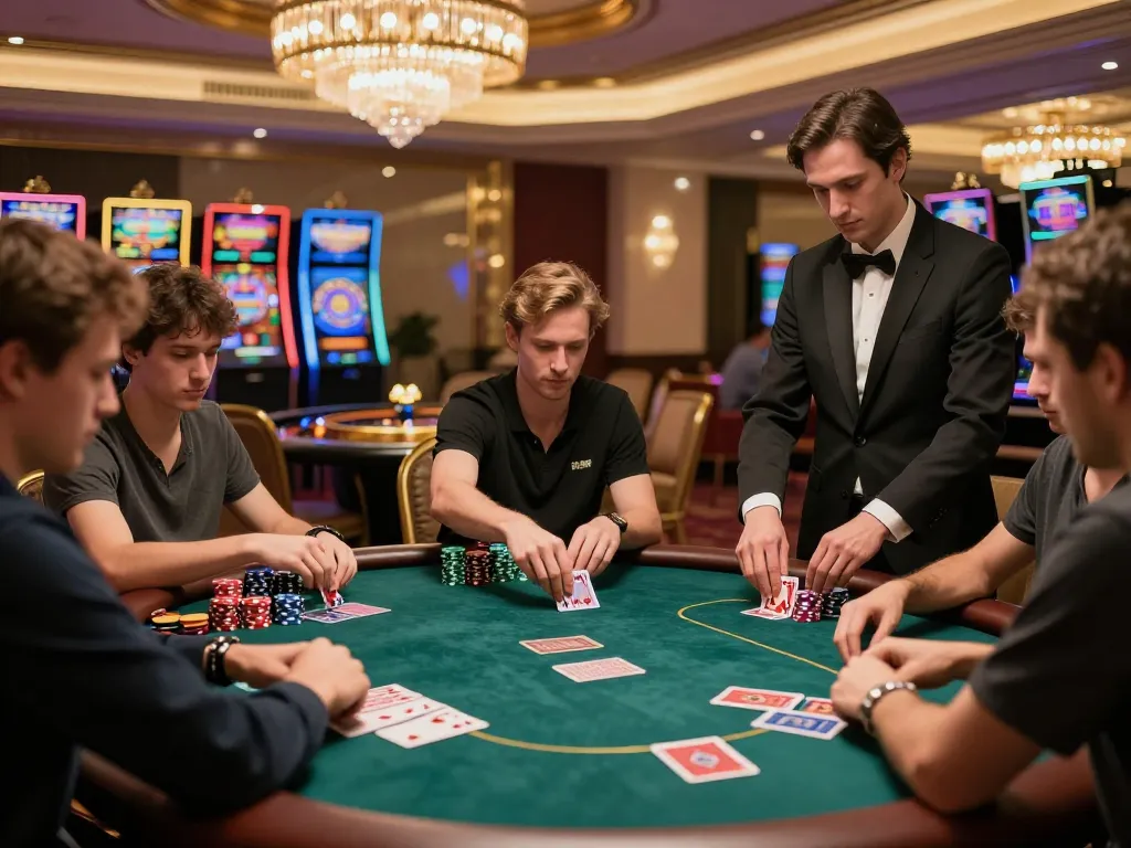 Players strategizing at cm88 Casino's luxurious poker table in an upscale setting.