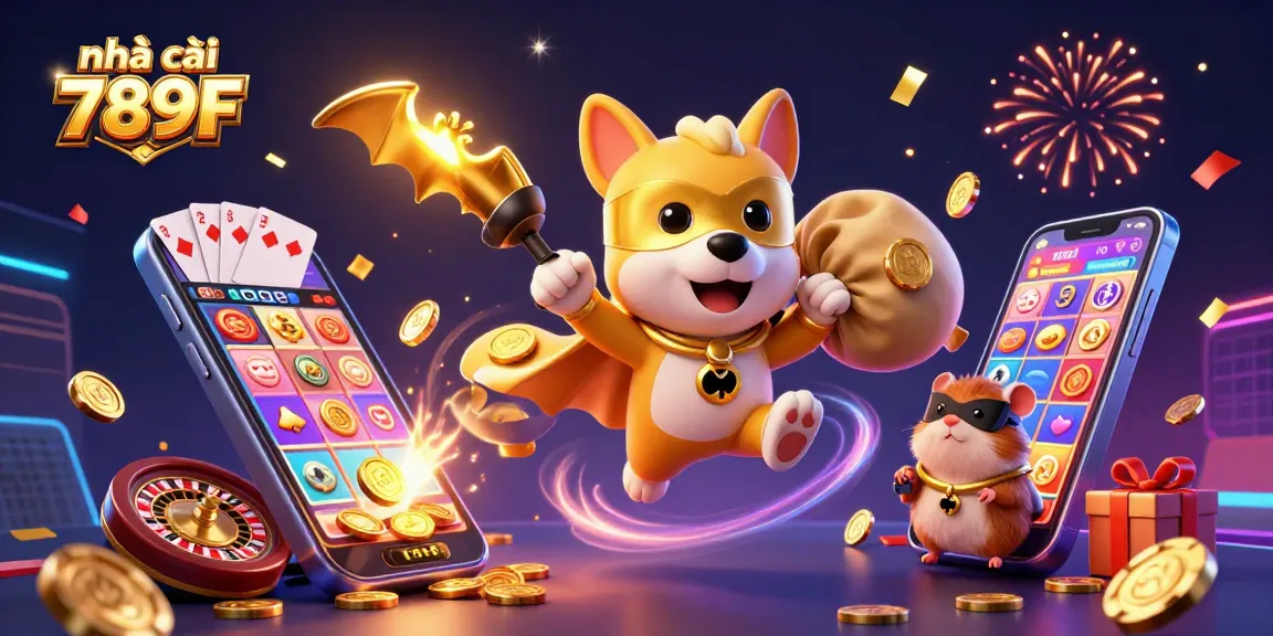 Engage with nhà cái 789F in a vibrant 3D casino adventure showcasing a superhero dog and hamster.