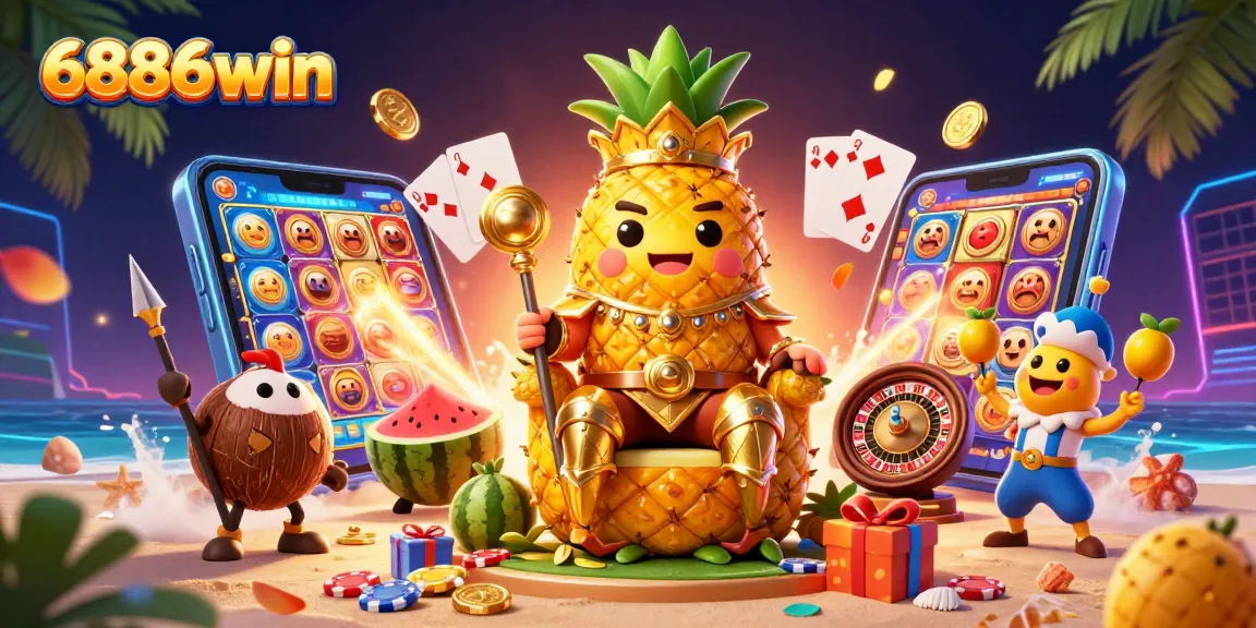Experience thrilling gaming with 6886win's vibrant characters and casino elements.