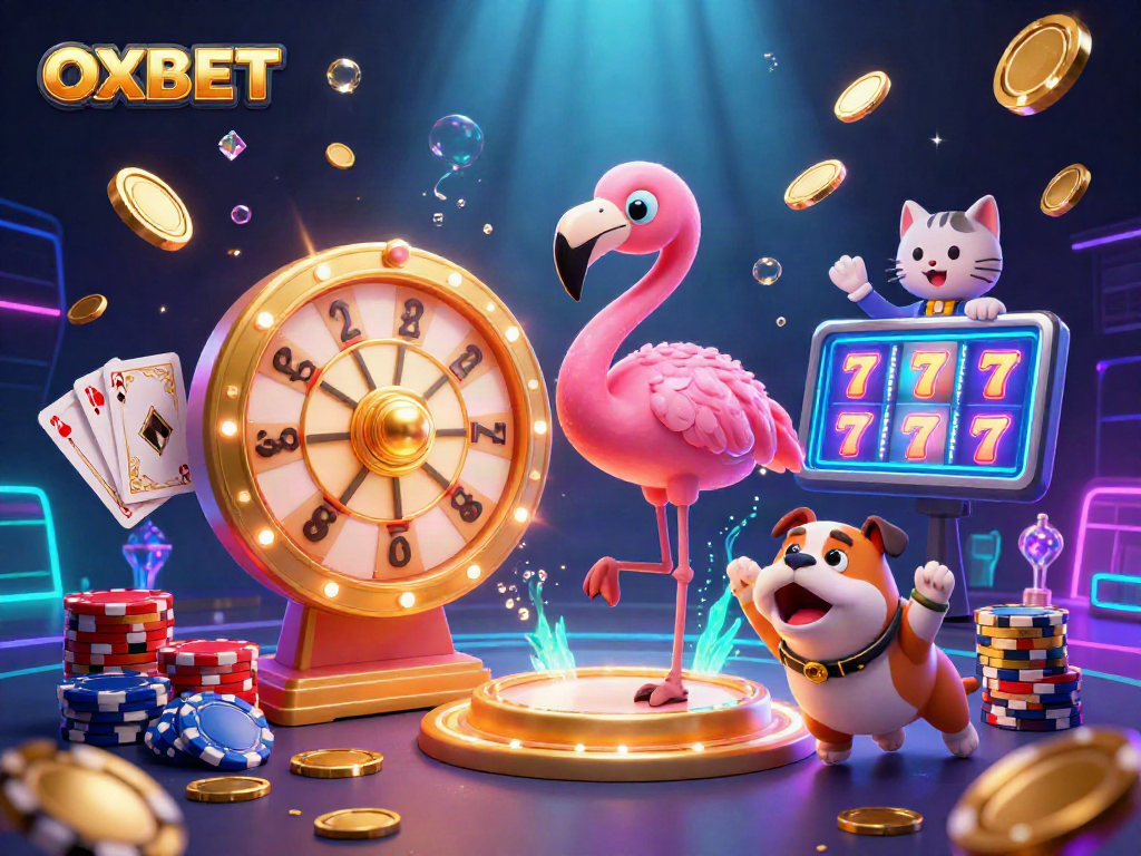 Experience the excitement of OXBET with a vibrant 3D scene featuring a game show host, thrilling prizes, and dynamic casino elements.
