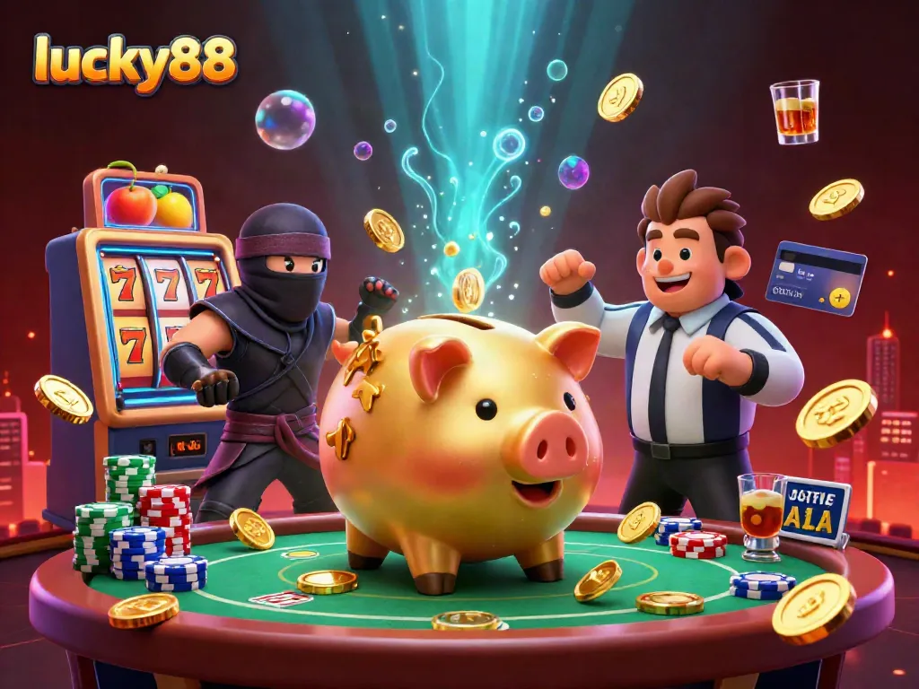 Experience the excitement of lucky88 with animated gambling scenes featuring a lively piggy bank sumo wrestler.