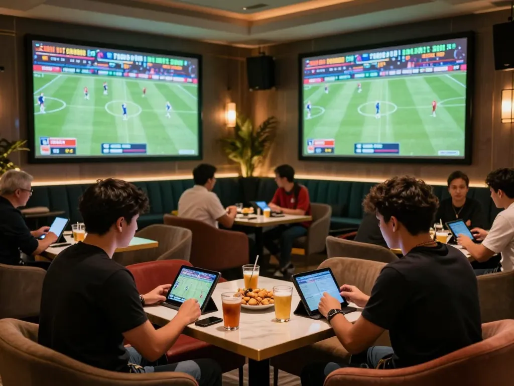 Betting excitement at Five88 with engaged players and vibrant screens in a luxury lounge