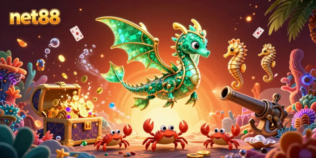 Experience the gambling adventure of net88 with vibrant sea dragon and treasure-filled underwater scene.