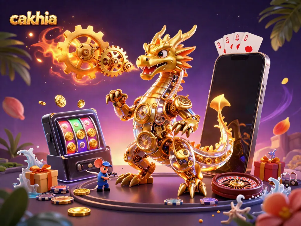 Experience thrilling action with Cakhia's dynamic gaming scene showcasing a golden dragon and vibrant casino elements.