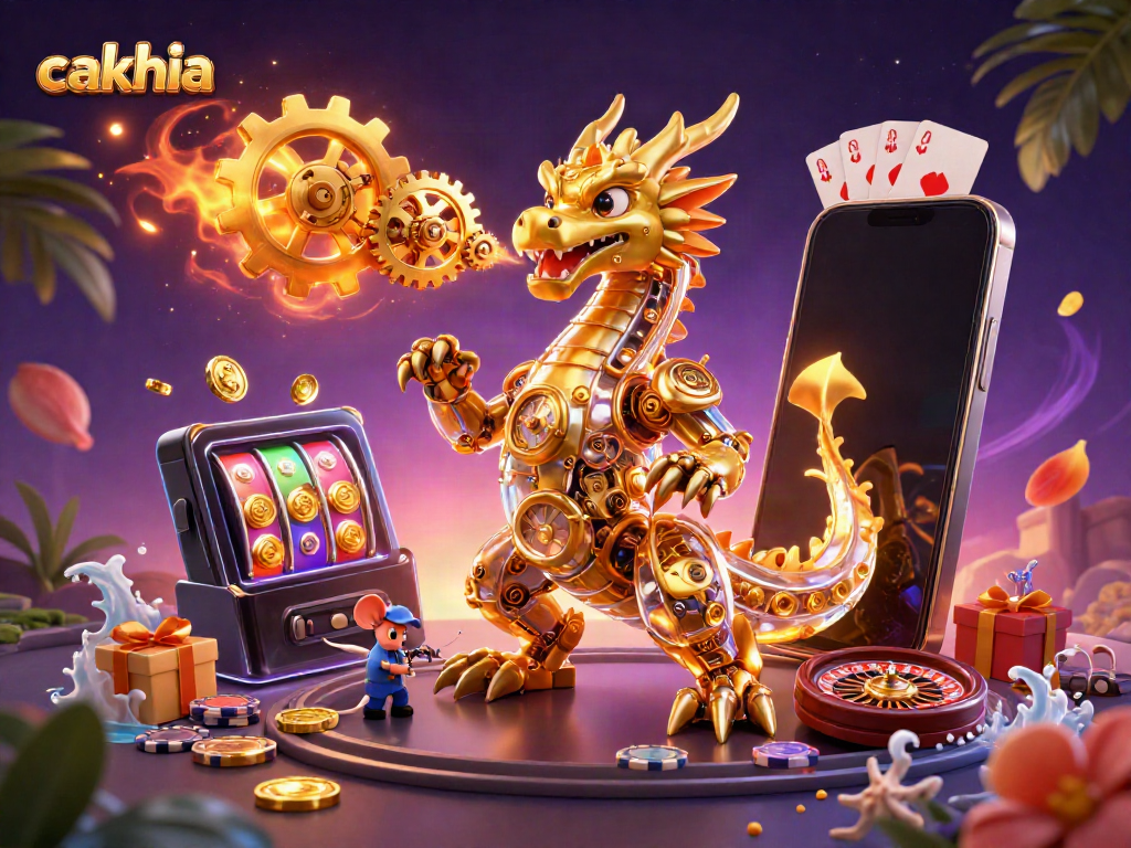 Experience thrilling action with Cakhia's dynamic gaming scene showcasing a golden dragon and vibrant casino elements.