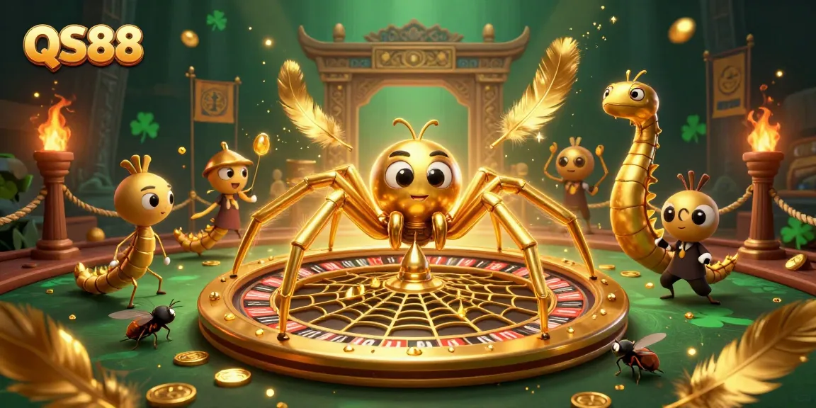 Place bets with QS88 at the roulette wheel, featuring vibrant casino elements and characters.