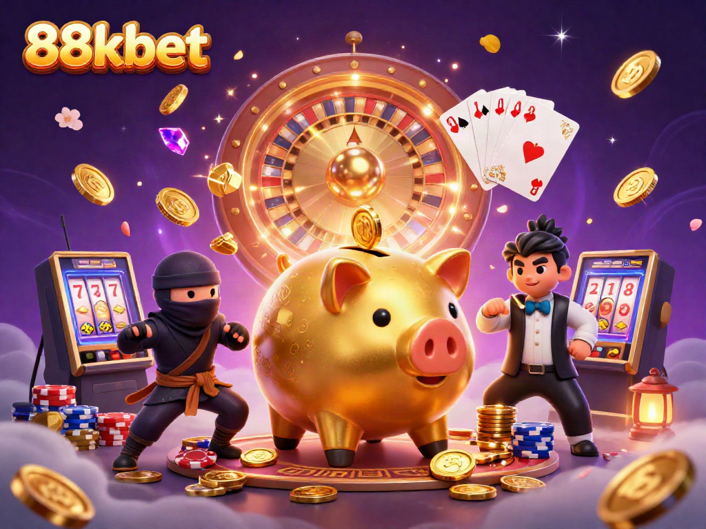 88kbet showcases thrilling casino action with a golden piggy bank sumo wrestler and dynamic game elements.